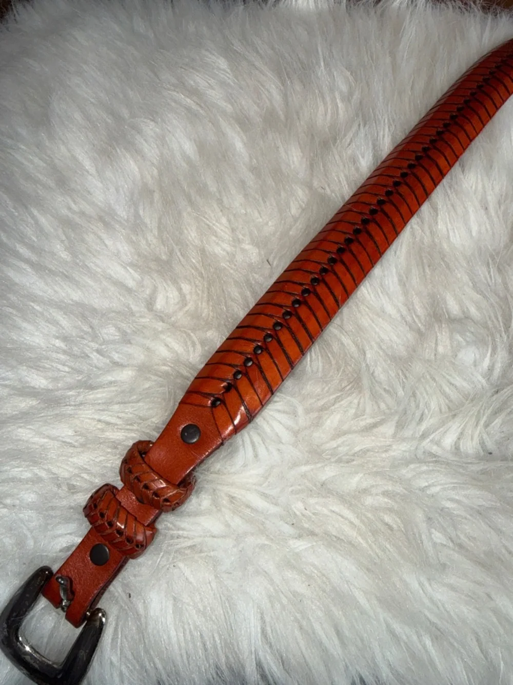 Burnt orange brown fishtail herringbone leather belt Mexican brass buckle 56